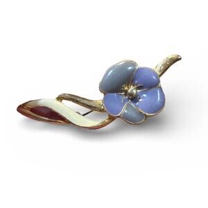 Vintage Enamel Flower Brooch Blue Purple Gold Tone White Leaf Rhinestone Center